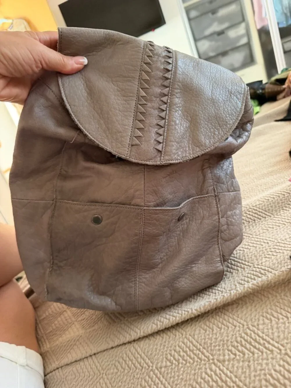 Day & Mood Leather Backpack Braided Flap Snap Drawstring Pockets Gray Bohemian